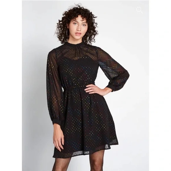 Modcloth Established Aplomb Rainbow Swiss Dot Long Sleeve Dress Size Large - Picture 1 of 12